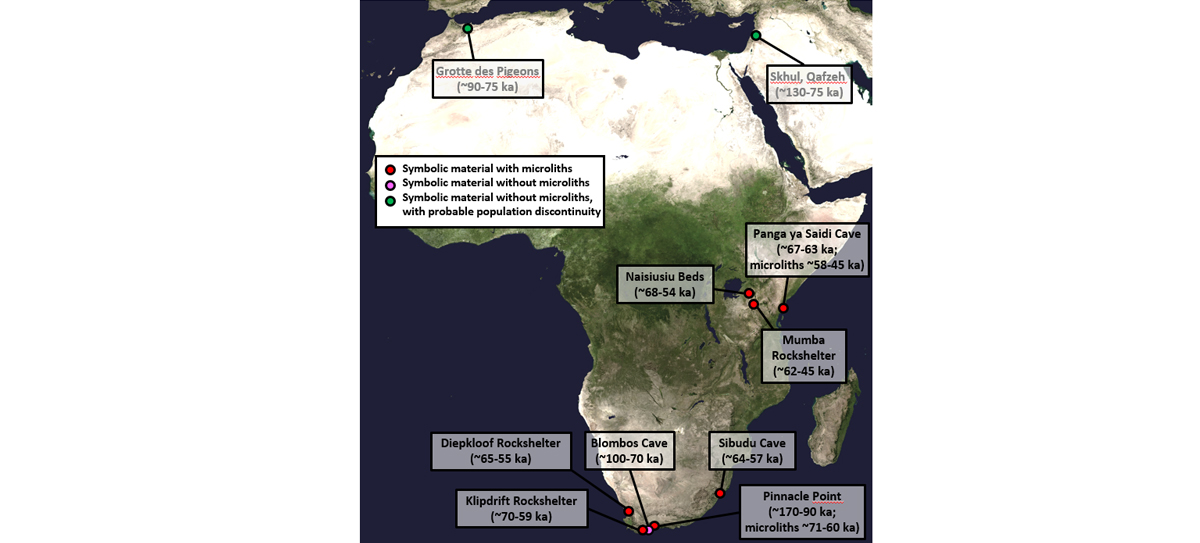 Map showing early African archaeological sites with evidence for symbolic material and microlithic stone tools. [Base map credit: http://visibleearth.nasa.gov/view.php?id=57752 (NASA Goddard Space Flight Center Image by Reto Stöckli).]