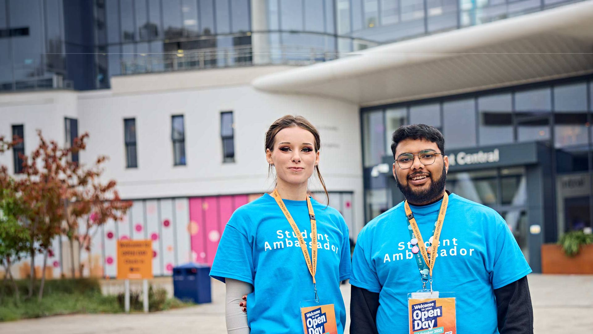 Student ambassadors welcoming visitors at Huddersfield Open Day
