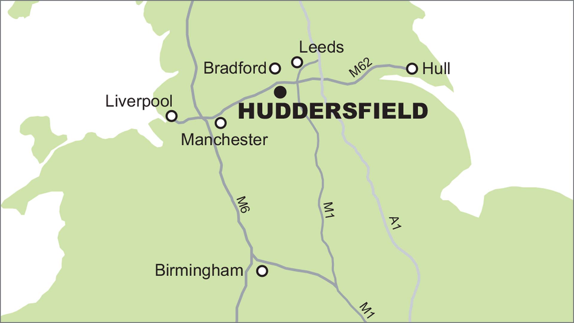 Map showing where Huddersfield is in relation to Leeds and Manchester.