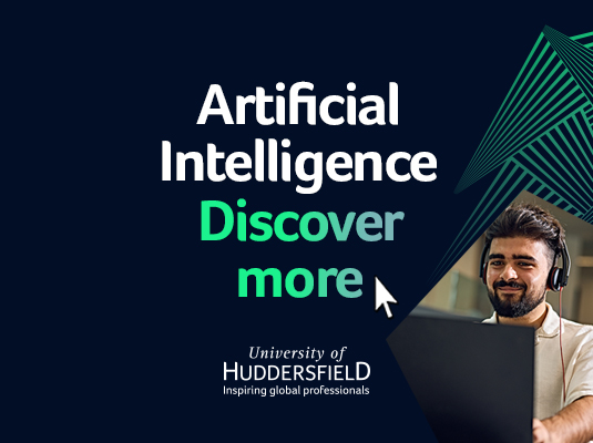 A clickable web banner which takes you to a webpage with further information about studying AI at Huddersfield.