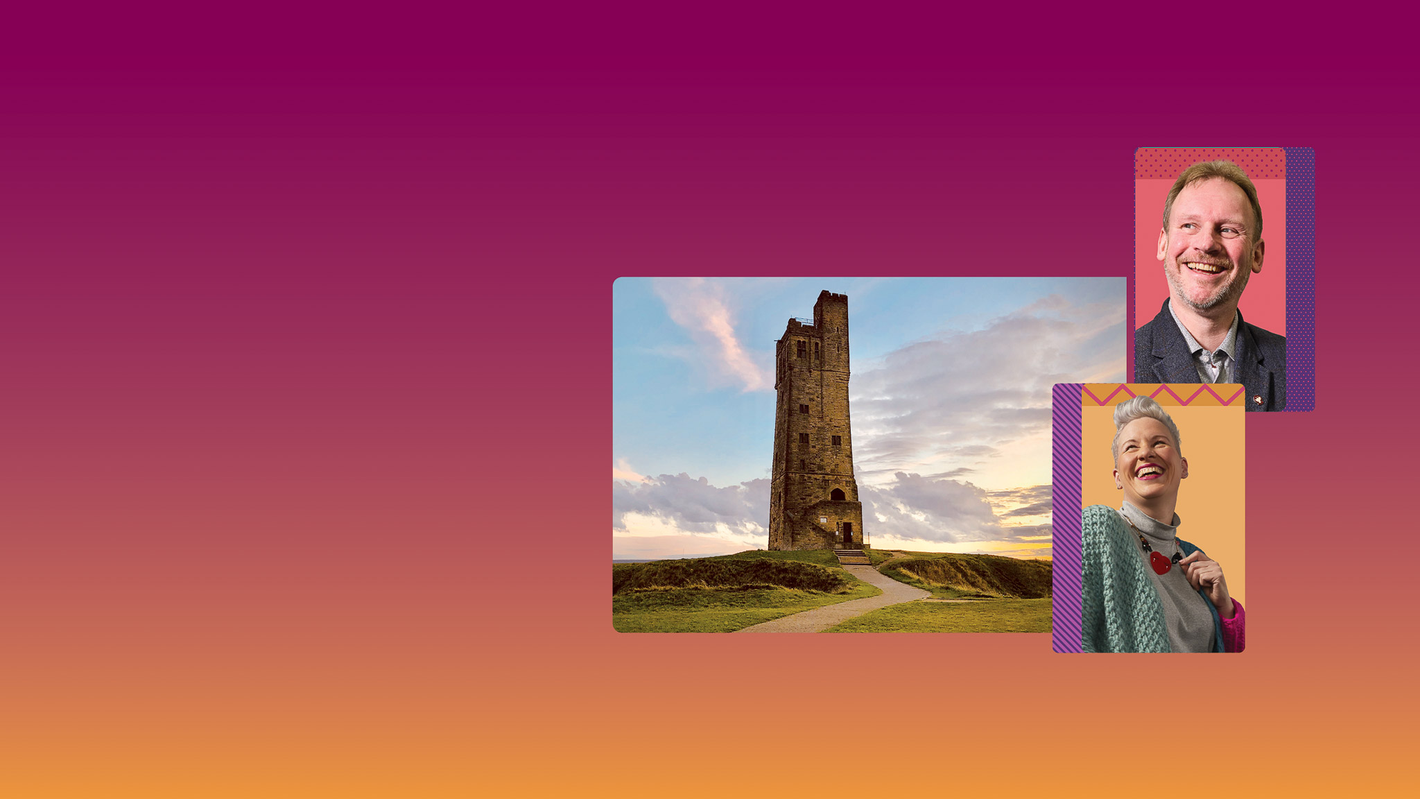 Graphic image built up with two of our lecturers and Castle Hill which is in Huddersfield