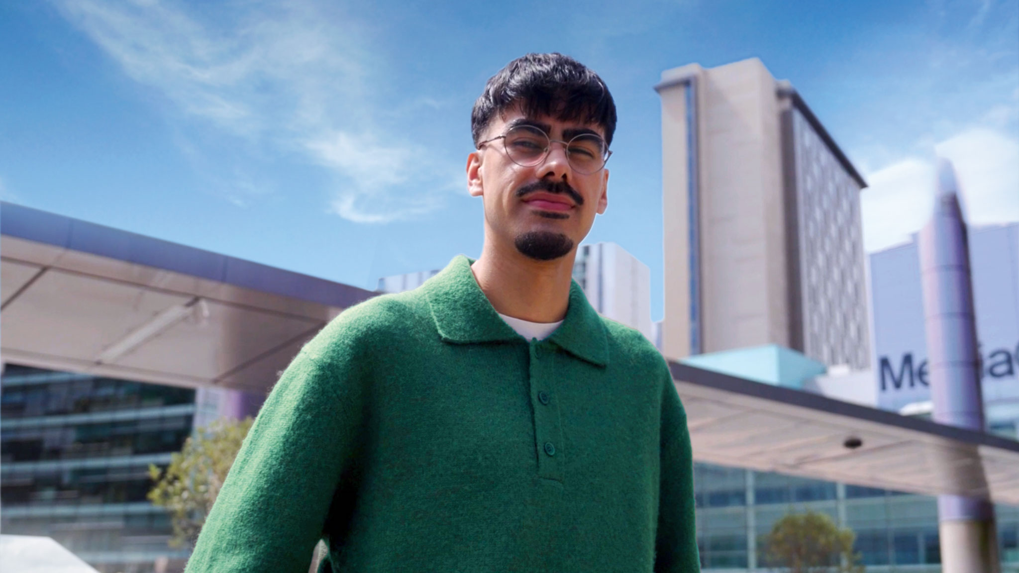 Graduate Srosh outside Media City in Salford
