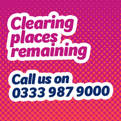 Pink graphic. Text reads: Places available in Clearing - find out more