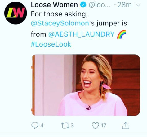 Twitter photo of Stacey Solomon wearing a pink jumper that an alumna created