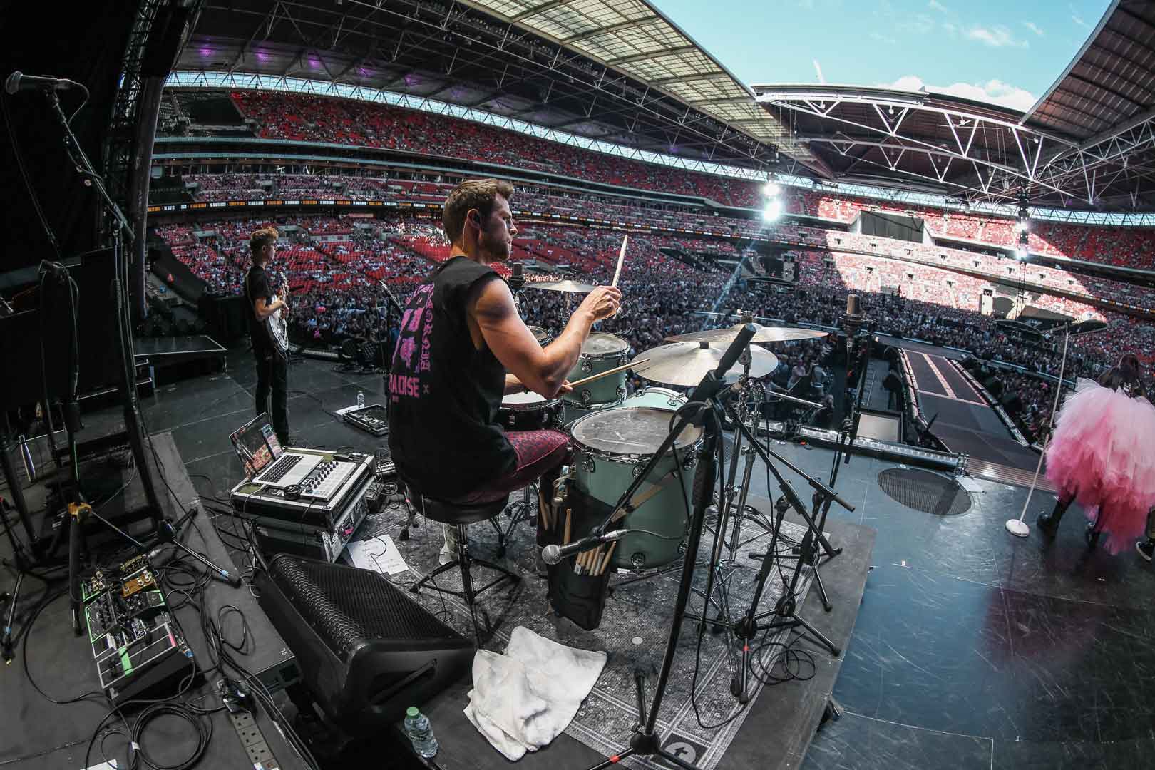 Richard Gartland drummer of Bang Bang Romeo playing drums on tour with Pink