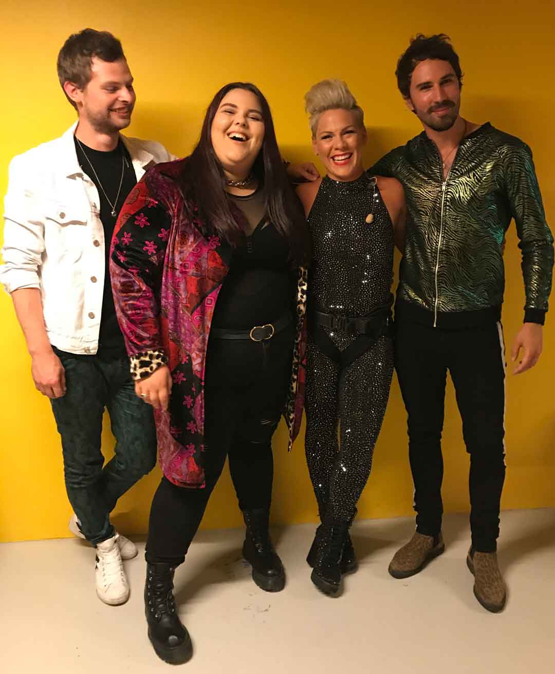 The 3 members of Bang Bang Romeo including Richard Gartland a Music alumnus stood with Pink