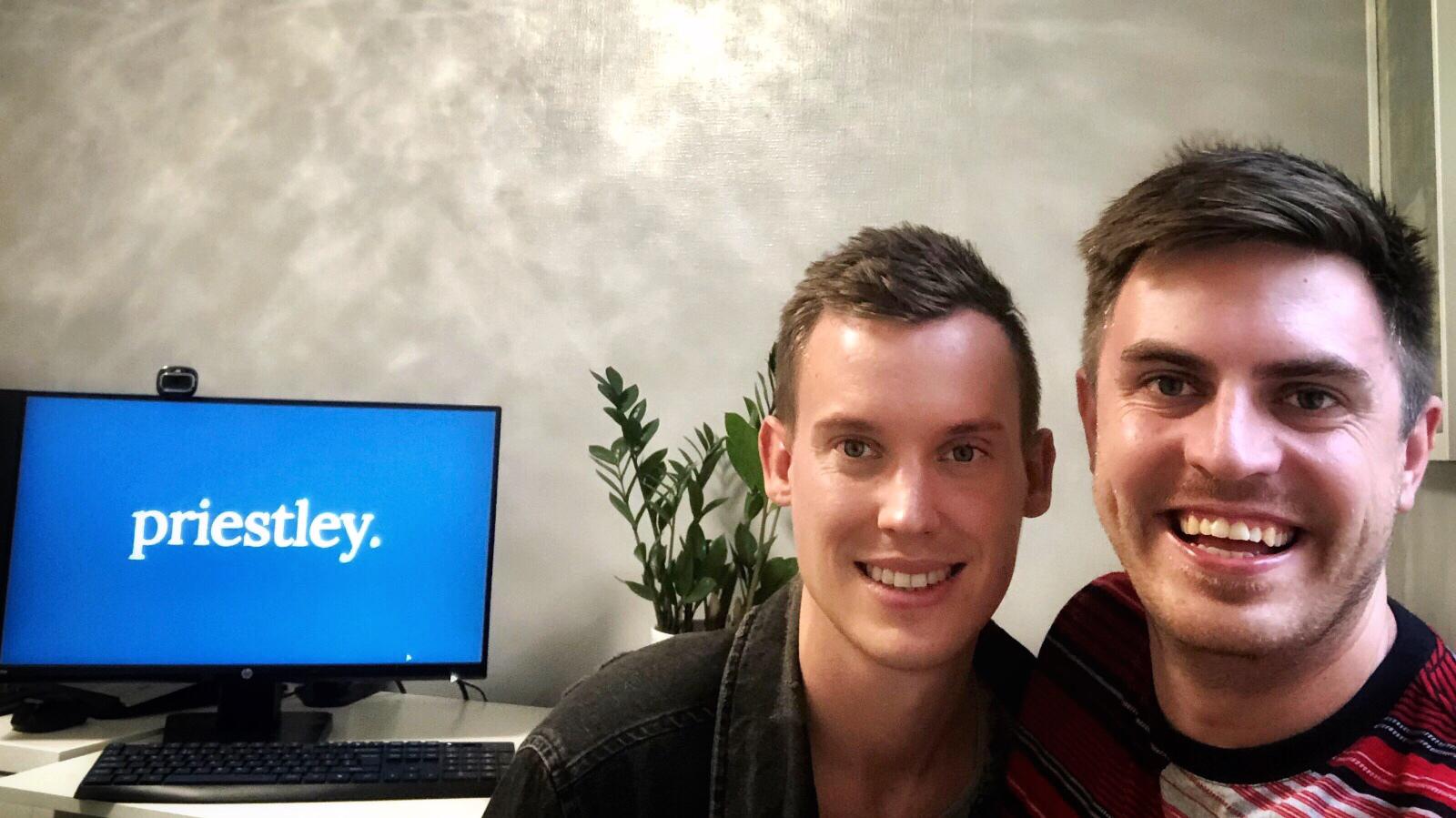 Chris and Matt Bell-Watson with Priestley logo on a computer screen in the background