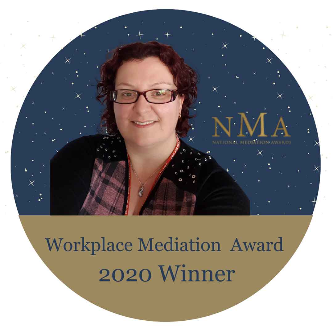 MBA graduate Marie Coombs headshot, with 'Mediator of the Year award' heading underneath