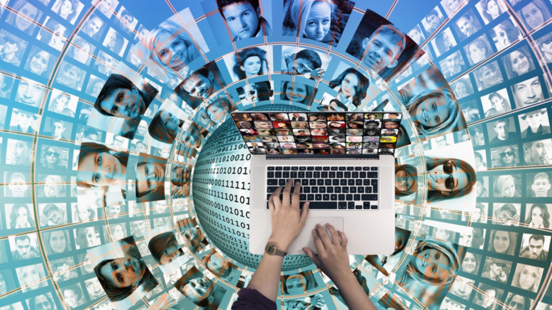 Mobile phone showing faces of different genders, races, ages