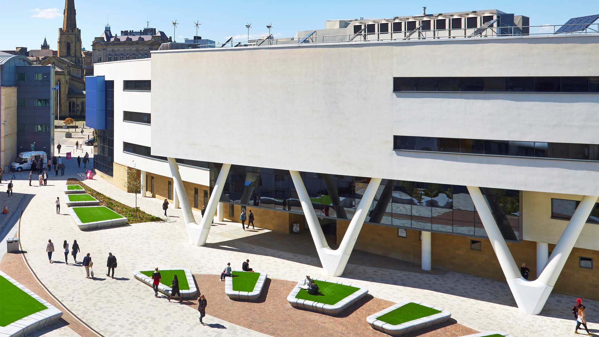 Arial shot of the University plaza and Creative Arts Building