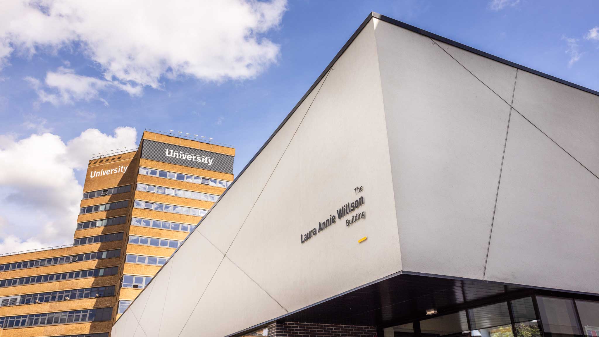 Two of the University of Huddersfields buildings for the 'Scwann building' and the 'Laura annie Wilson building