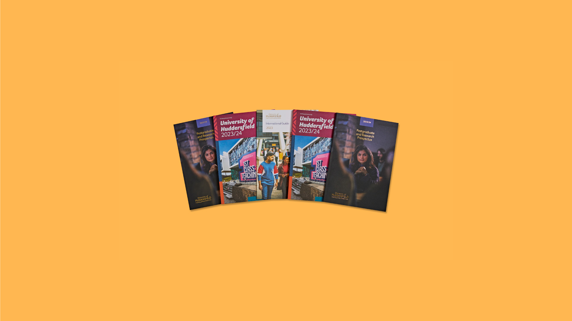 A spread of five different university of huddersfield prospectus's