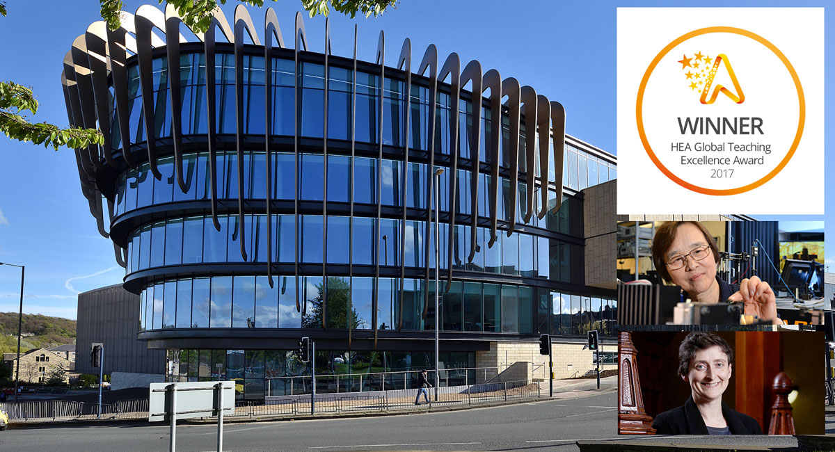 Pictured the University's new £28m Oastler building and Honours recipients Dame Professor Xiangqian Jiang and 2017 National Teaching Fellow Dr Elizabeth Dobson