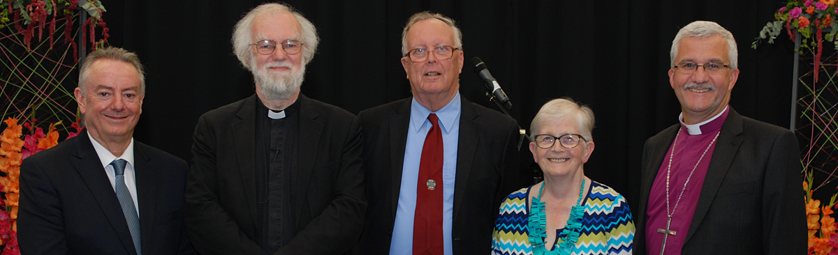 Speaker the Rt Revd Dr Rowan Williams (second left) is pictured with (l-r) the University's Vice-Chancellor, Professor Bob Cryan, Professor Robin Wilson and his wife Joy and the Rt Revd Jonathan Gibbs, Bishop of Huddersfield