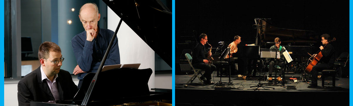 Philip Thomas (left) with composer Christian Wolff in 2000 and (right) in concert with ensemble Apartment House