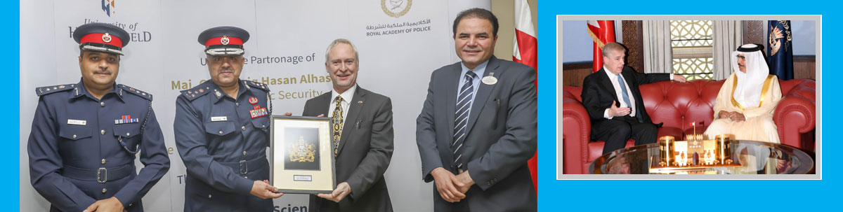 LEFT: (l-r) Commandant of the College Lt.Col Ammar M Al Sayed and Brig Gen Dr Sheikh Hamad bin Mohammed Al-Khalifa with PVC Prof Andrew Ball and Dr Mosttafa Alghadhi. RIGHT: The University’s Chancellor, HRH The Duke of York, KG, is welcomed by Lieutenant-General Shaikh Rashid bin Abdullah Al Khalifa