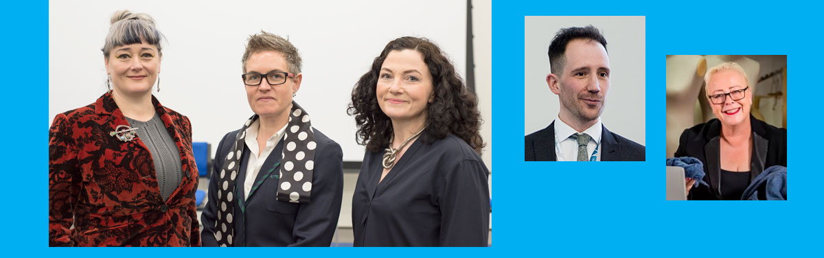Pictured (l-r) keynote speaker Jenny Sabin (centre) with conference co-organisers Joanne Harris (left) and Jo Conlon (right).  Far right keynote speakers Ben Hanson and Professor Joan Farrer