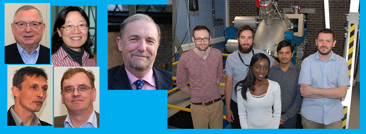 Pictured (l-r) keynote speakers William Weber, Yanwen Zhang (top), Sylvain Peuget and Kai Nordlund.  Director of the EMMA research group Professor Stephen Donnelly and the EMMA team (l-r) Dr Graeme Greaves, Dr Rob Harrison, Dr Emily Aradi, Dr Anamul Haq Jeris Mir and Dr Jonathan Hinks