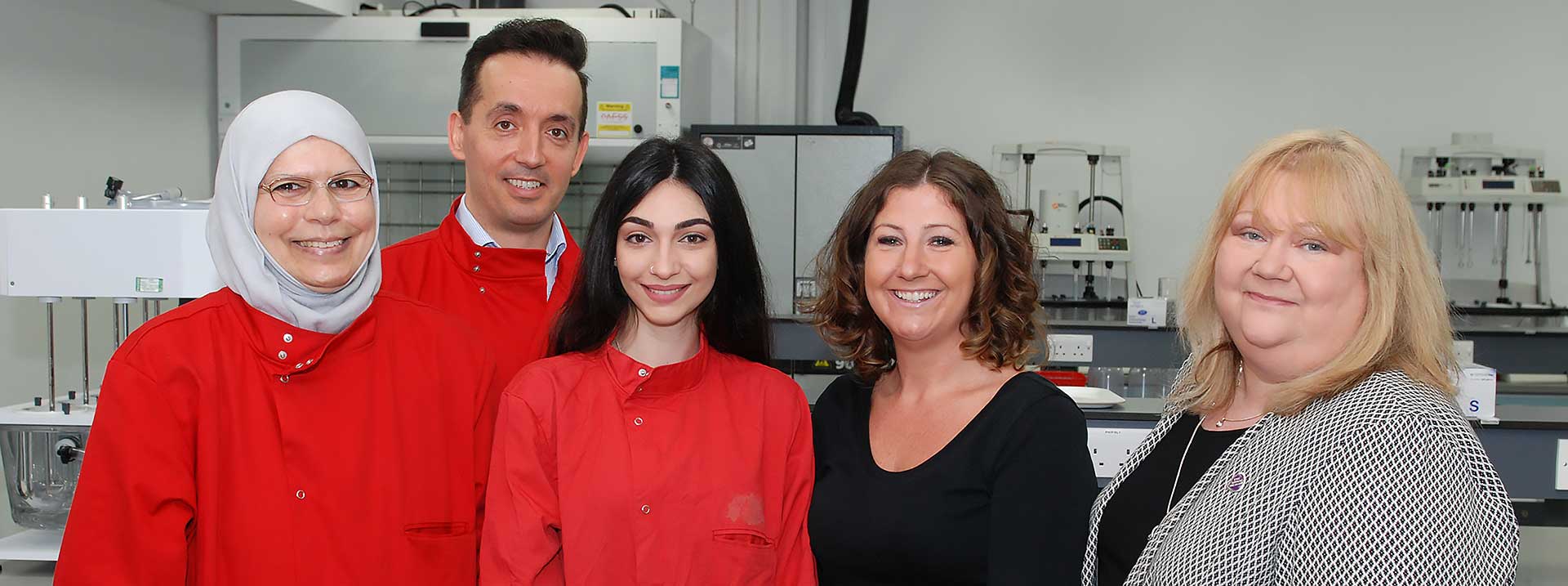 Helen Mervill (second right) and Pam Thornes (far right) from the Laura Crane Youth Cancer Trust pictured with Postdoctoral Research Assistant Khalidah Ibraheem, Dr Nik Georgopoulos and PhD researcher Myria Ioannou, who has been specially appointed to focus the CD40 research into youth cancers.