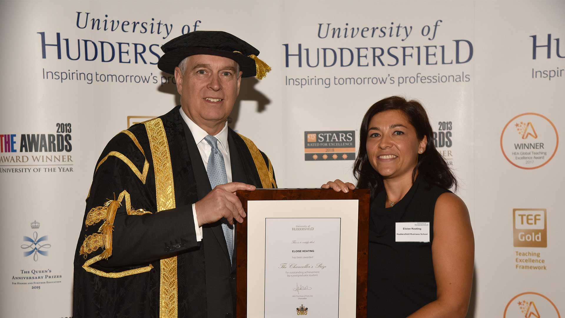 MBA graduate and businesswoman Eloïse Keating receiving her award from the University's Chancellor, HRH The Duke of York