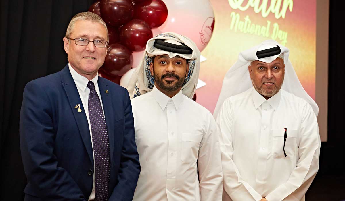 Welcoming the Cultural Attaché Dr Mohammed Al-Kaabi (right) to the campus are the Unviersity's Pro-Vice Chancellor, International, Professor David Taylor, (left) and the President of the University’s Qatar Students Society Bakhit Al-Basti (centre)