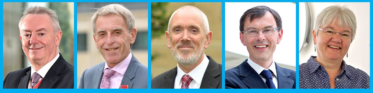 The University's CMI Companions (l-r) Vice-Chancellor Professor Bob Cryan, Director of Estates and Facilities Colin Blair, Director of Finance Andrew McConnell, Deputy Vice-Chancellor Professor Tim Thornton and Director of Research and Enterprise Professor Liz Towns-Andrews