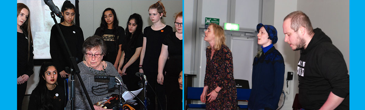 Left - Holocuast survivor Iby Knill performs a play with students from Batley Girls High School.  Right - Holocaust singers open the event.