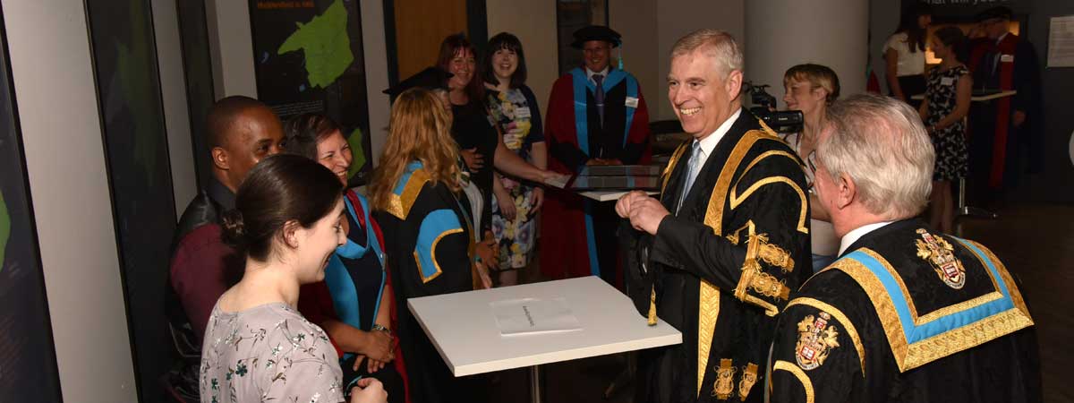 Chancellor of the University of Huddersfield, HRH The Duke of York, meets the Chancellor's Prize winners