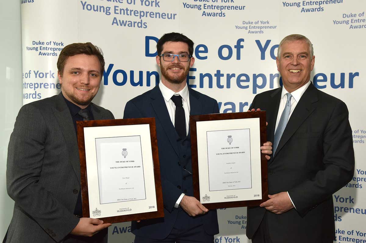 University of Huddersfield winners Pete Waugh and Jon Langley with HRH The Duke of York