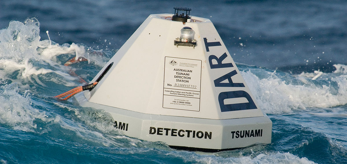 A tsunami detection buoy monitoring seismic disturbance in the ocean