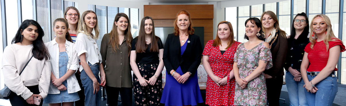The Duchess of York (centre) with the University's first year textile students who took part in the design challenge