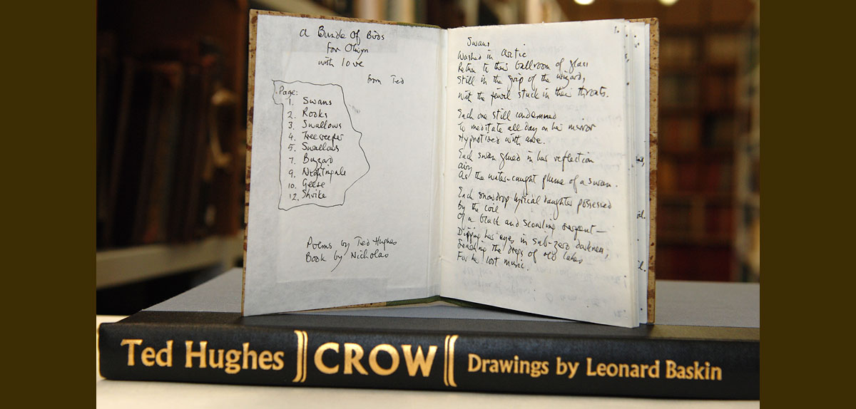 The hand written book of poems, A Bundle of Birds and the limited edition of Ted Hughes poem, Crow