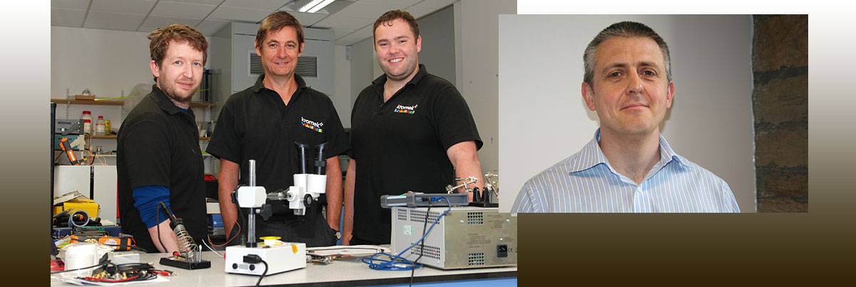 Pictured the University’s Dr Pete Mather (far right) and Kromek researchers (l-r) Toby Izod, Dr Ed Marsden and Richard Haigh