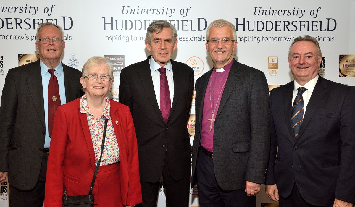 Pictured with guest speaker Gordon Brown (centre) are (l-r) Lord Wilson’s son Professor Robin Wilson and his wife Joy, Bishop of Huddersfield The Rt Revd Jonathan Gibbs and the University’s Vice-Chancellor, Professor Bob Cryan
