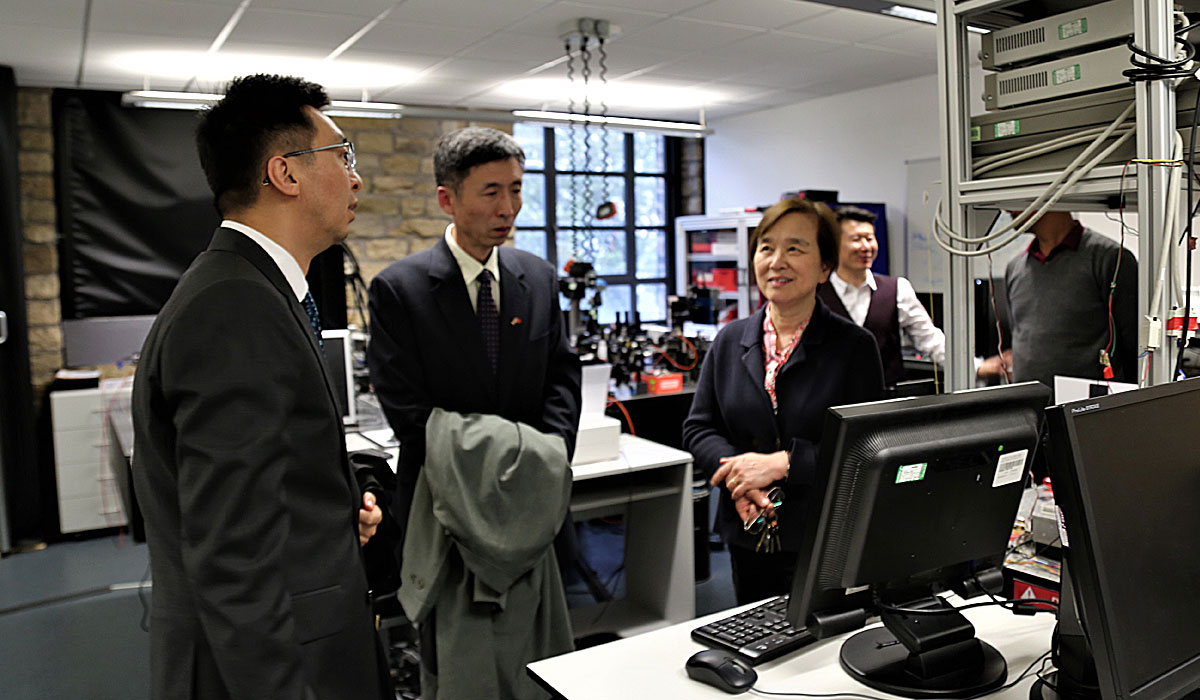 Pictured with the Education Counsellor Mr Zhao Jiang (centre) are Professor Dame Xiangqian Jiang and Dr Zheng Tong from the University’s Centre for Precision Technologies