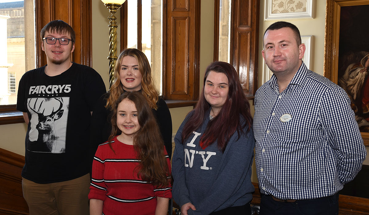 Students Liam Brown, Rebecca Syrett, Katie Allen and Chloe Monkman with tutor Dr Tosh Warwick