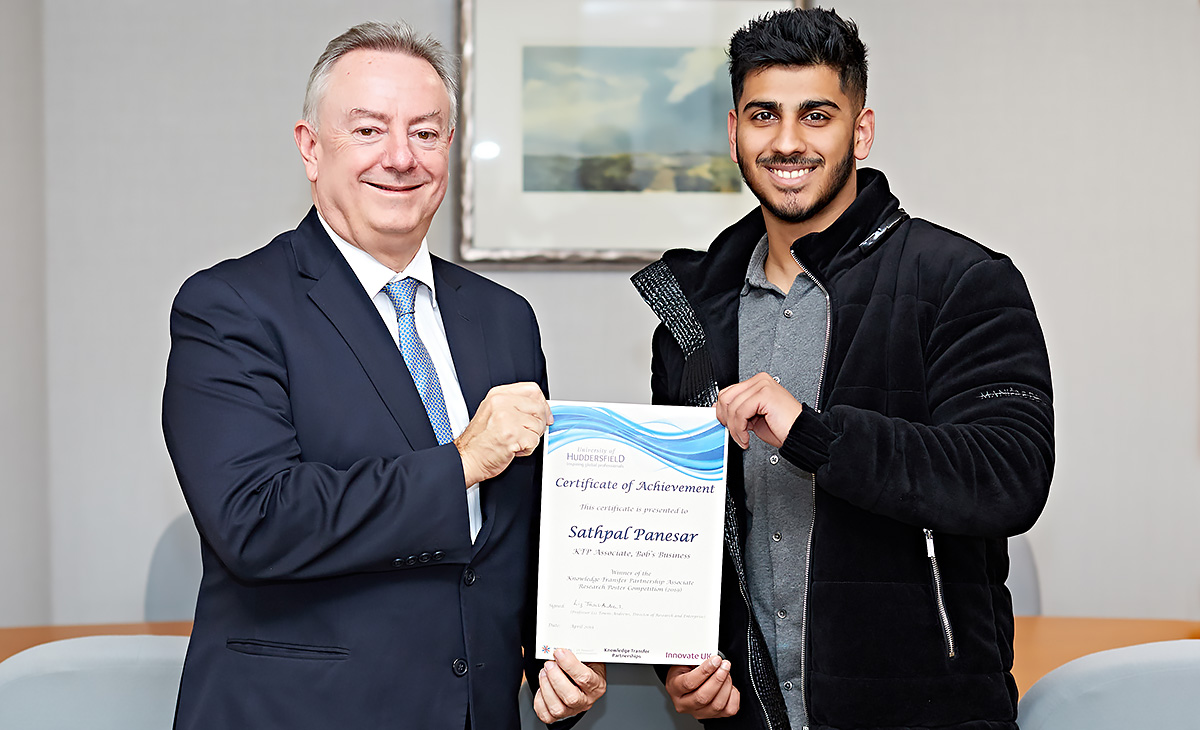 Sathpal Panesar winning the University's 2019 Knowledge Transfer Partnership Associate Research Poster competition