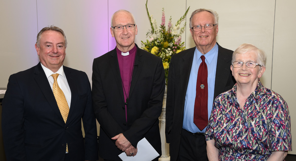Guest speaker The Rt Revd Nick Baines (second left) was welcomed by (l-r) Professor Bob Cryan, Professor Robin Wilson and Joy Crispin Wilson