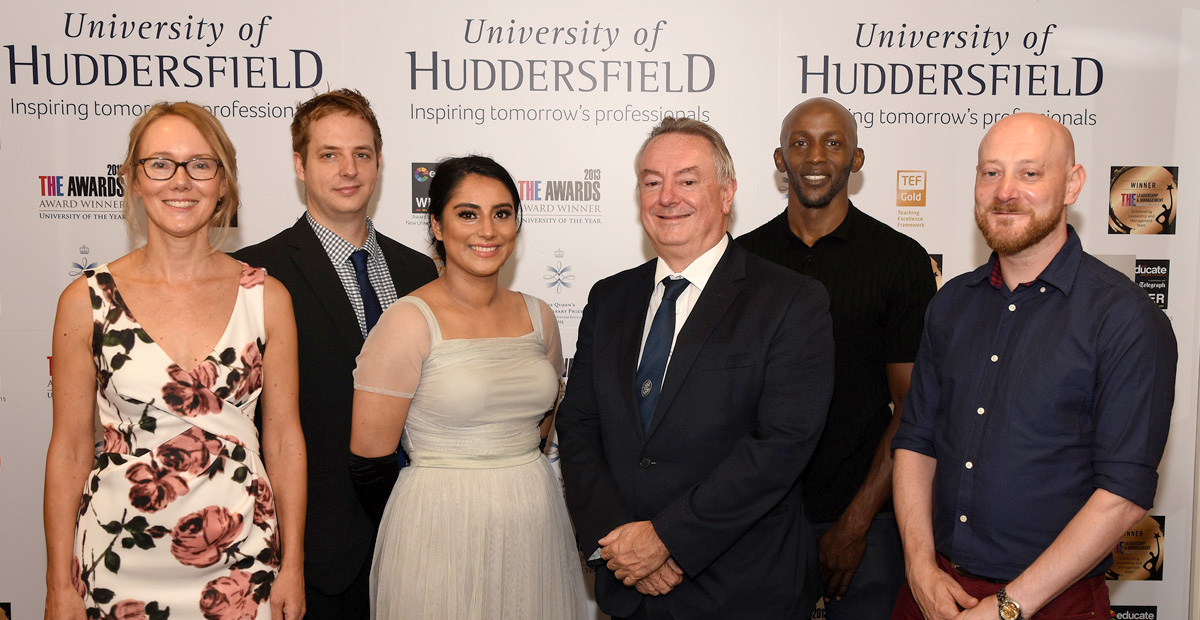 Pictured with the University's Vice-Chancellor, Professor Bob Cryan (centre) is (l-r) Support Co-ordinator Rebecca Hayes and care leaver graduates Nicholas Stavris, Sanna Mahmood, Khalid Mannan and Mark Cohen.