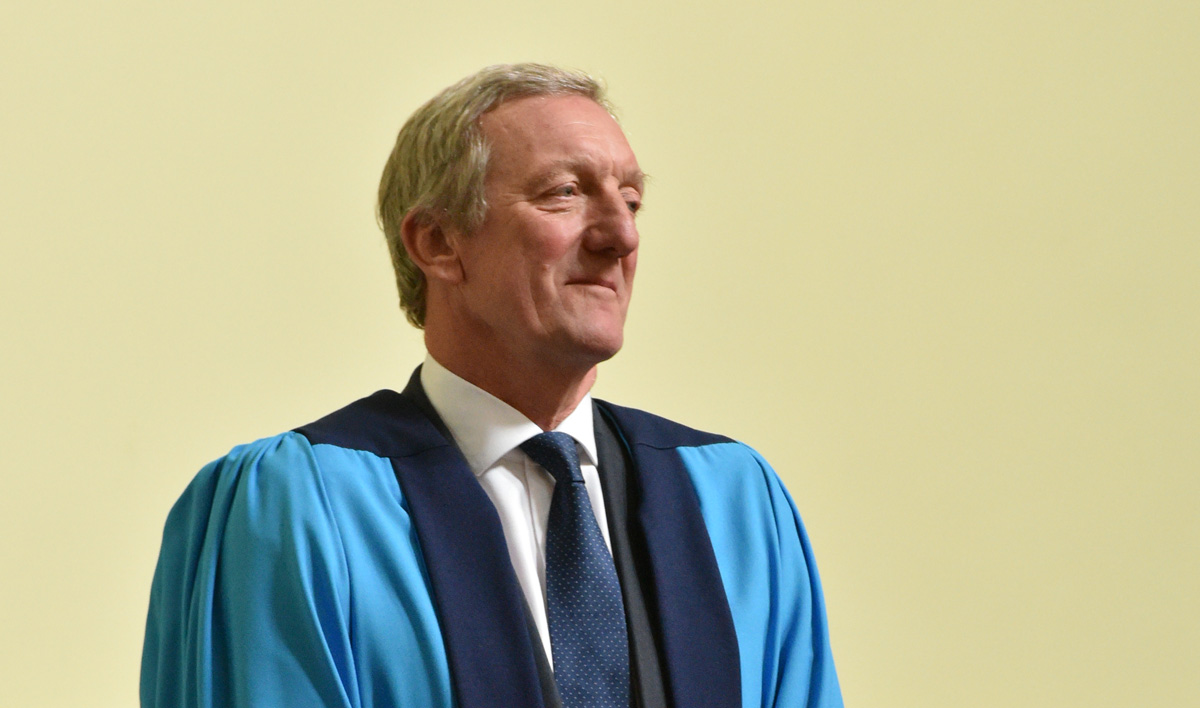 Chris Brown OBE, retiring Chair of the University of Huddersfield's Governing Council, receives his honorary award