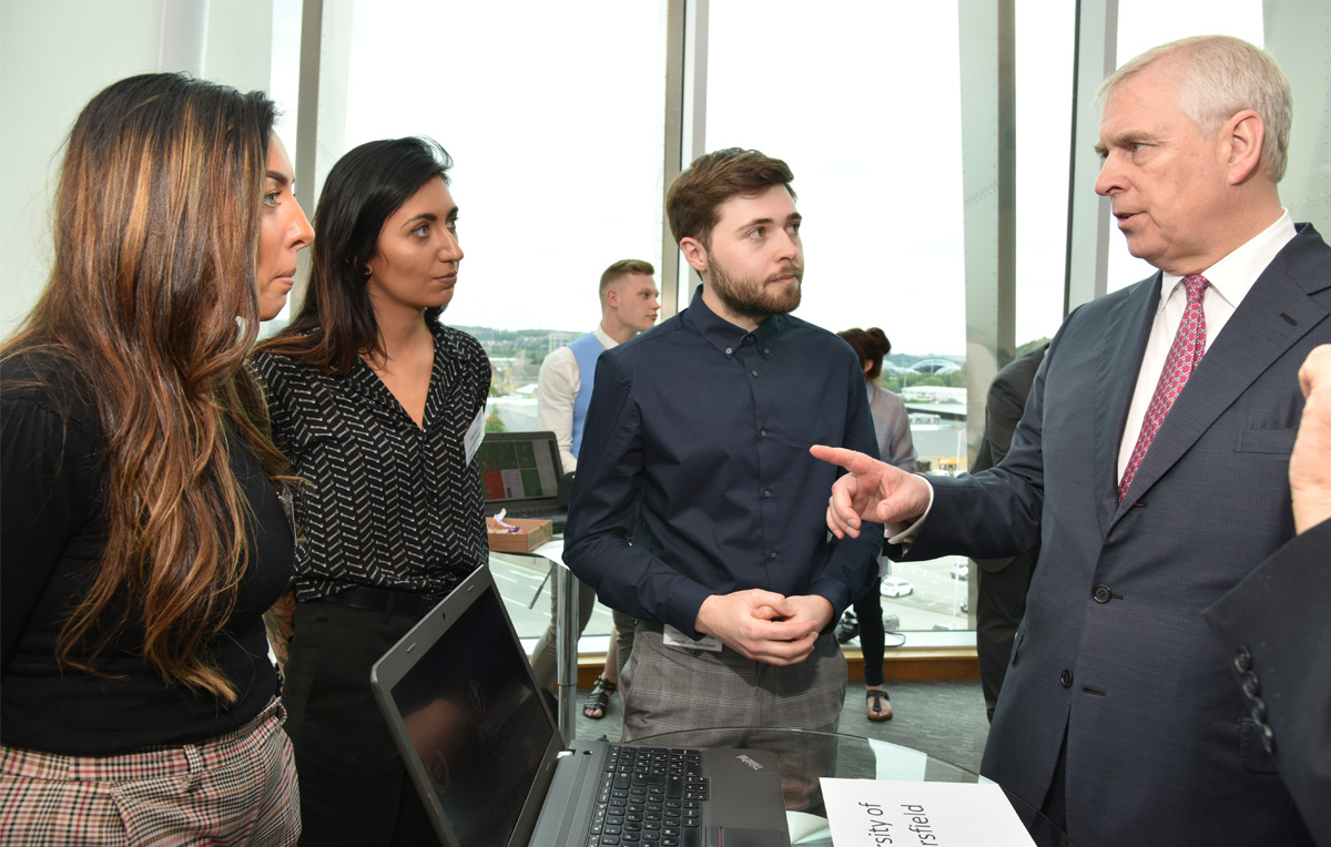 Ocean Spark Studio members (l-r) Helen Andrzejowska, Ellie Brown and Zachray Cundall chat with HRH The Duke of York