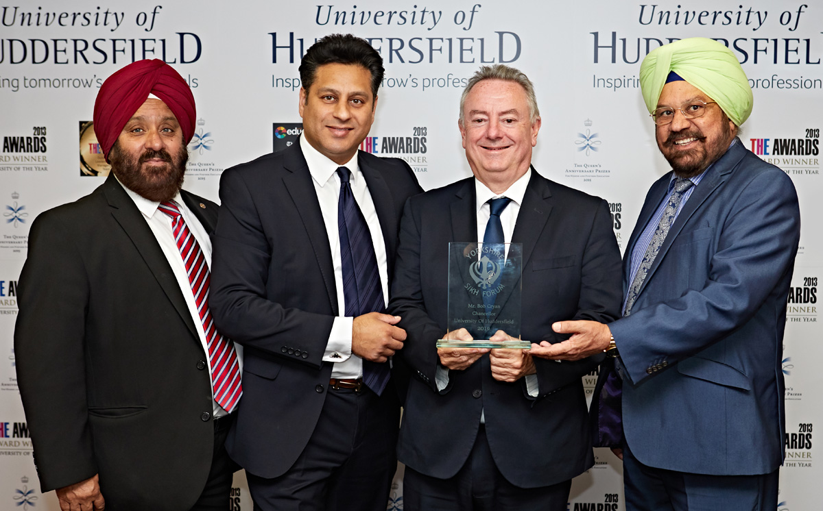 Pictured with the University’s Vice Chancellor, Professor Bob Cryan CBE (second right), are officials from the Yorkshire Sikh Forum (l-r) Nirmal Singh Sekhon MBE, Simmy Singh Sekhon and Balwant Singh Bassi.