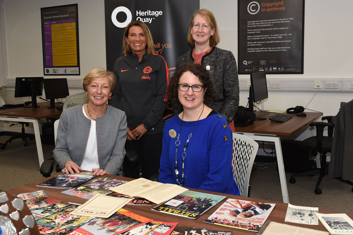 Pictured in the University’s Heritage Quay (l-r) CEO of UK Sport Liz Nicholls CBE, CEO of England Netball Joanna Adams, University Archivist and Records Manager Sarah Wickham and President of England Netball Lindsay Satori.