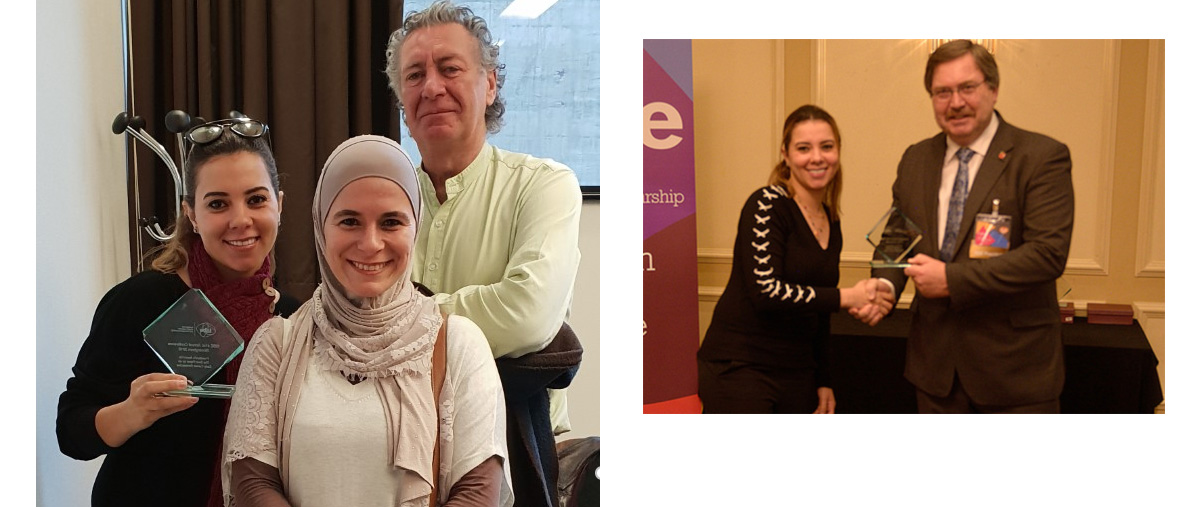 Left – prize-winner Nermin Elkafrawi (left) with tutors Dr Deema Refai and Professor Gerard McElwee.  Right – Nermin receiving her award.