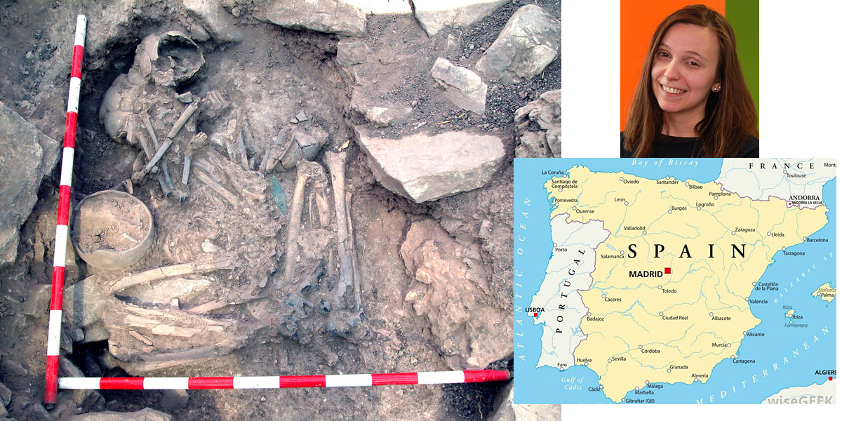 Left – a woman and man were found buried side by side at the Bronze Age site at Castillejo de Bonete.  Analyses revealed that the woman’s ancestry was entirely local, while the man had very recent ancestors from central Europe (Image: Luis Benítez de Lugo Enrich and José Luis Fuentes Sánchez/Oppida).  Right – Researcher Marina Silva and the Iberian Peninsula today