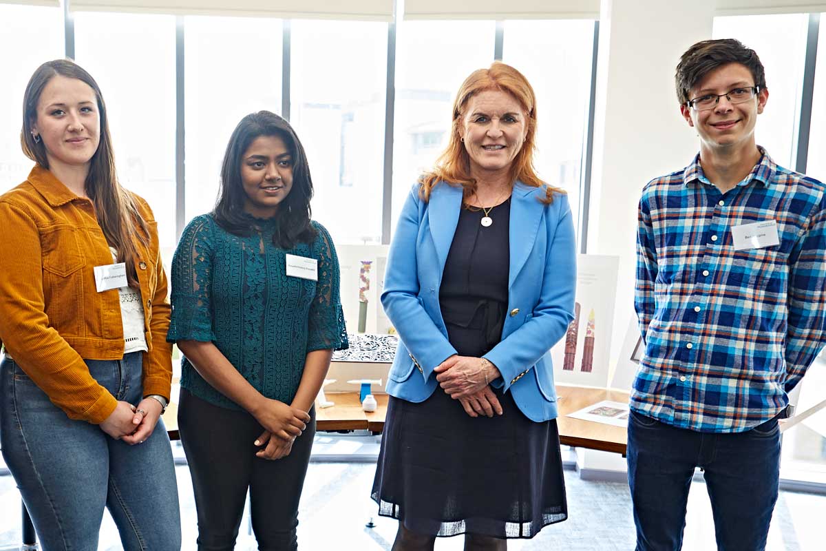 The winning team pictured with the Duchess (l-r) Libby-Mae Fotheringham, Gayathrimanoj Kopattil and Ben Higgins