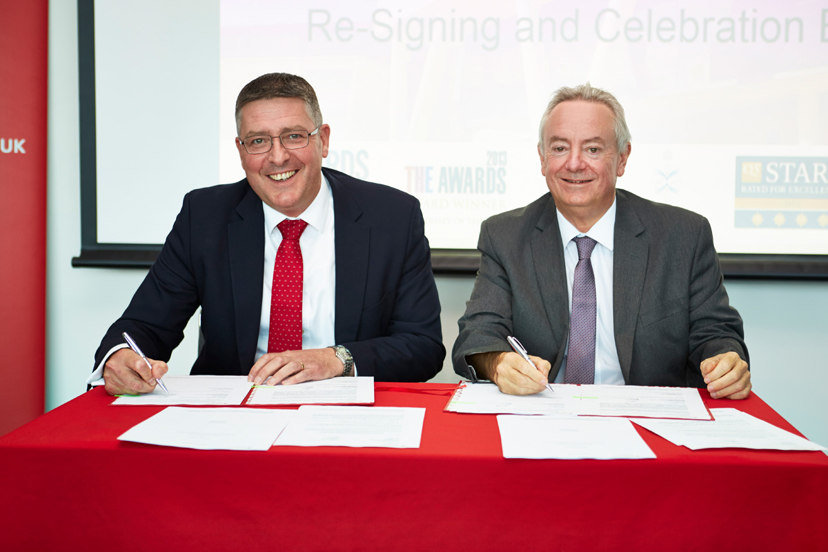 Santander's Matt Hutnell (left) is pictured with the University's Vice-Chancellor, Professor Bob Cryan, when the University renewed its partnership with Santander Universities initiative in 2017.