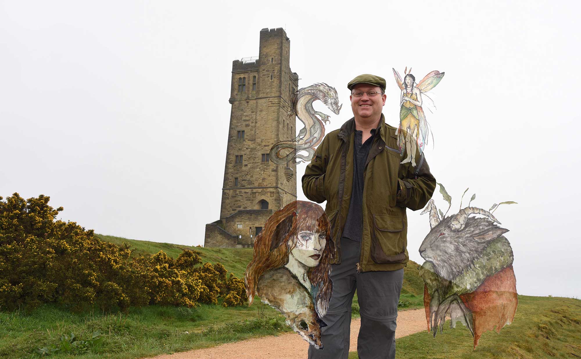 Legendary landscape – Andrew Walsh at Huddersfield’s Castle Hill, the location of one of stories in his Yorkshire folk and fairy tales book, surrounded by artist Jane Carkill’s vision of the fairies, witches and bizarre creatures in the new anthology.