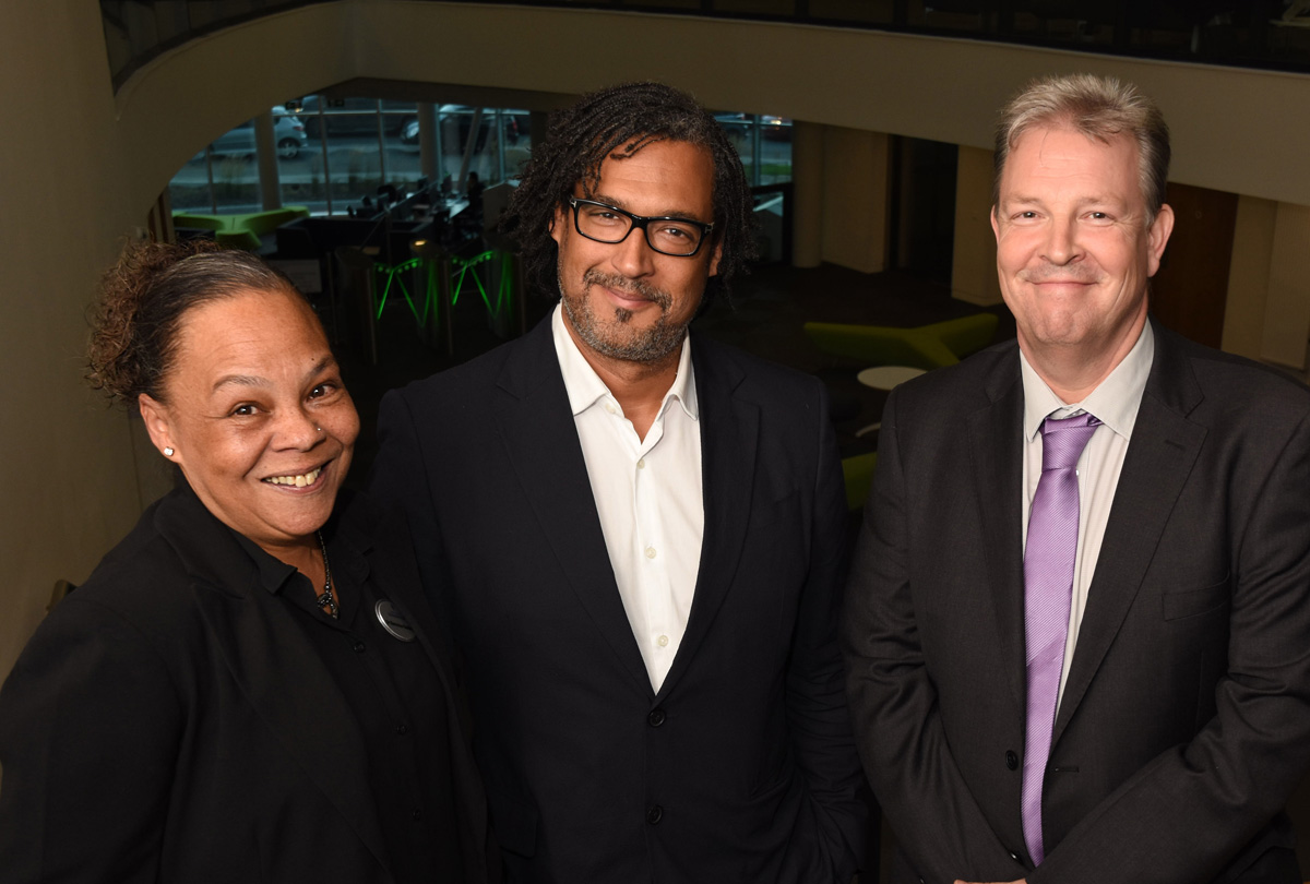 First ‘Race Lecture’ speaker Professor David Olusoga (centre) with lecture organiser Dr Berenice Golding and Dean of School Professor Paul Bissell