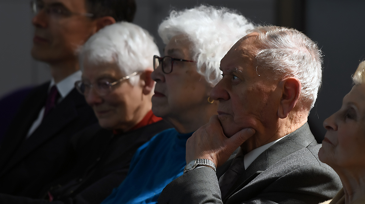 Holocaust survivors Arek Hersh, Leisel Carter and Trude Silman listen to Dr Beorn's lecture